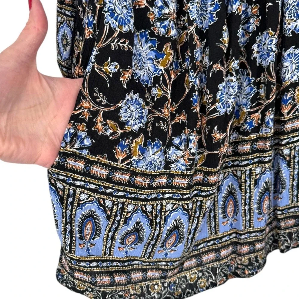Free People Moonlight Dance‎ Floral Bell Sleeve Boho Tunic Top Blue Size Small